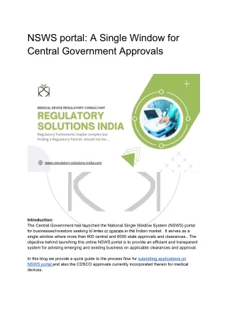 NSWS portal- A Single Window for Central Government Approvals |RSI