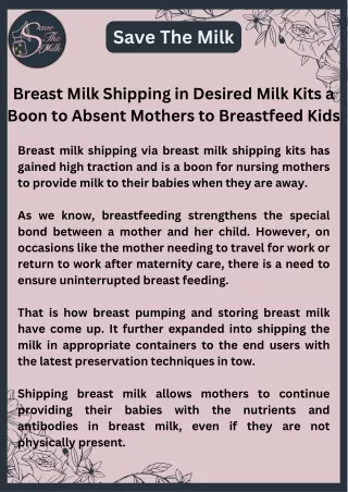 Breast Milk Shipping in Desired Milk Kits a Boon to Absent Mothers to Breastfeed