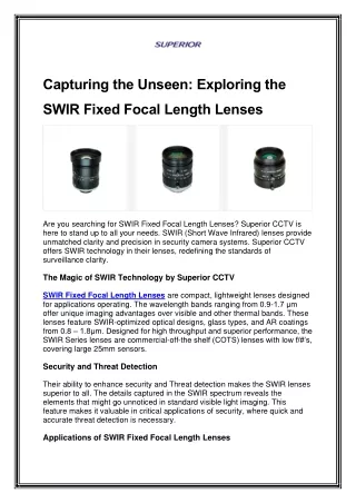 Capturing the Unseen: Exploring the SWIR Fixed Focal Length Lenses