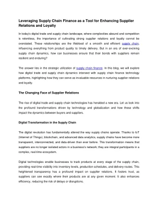 Leveraging Supply Chain Finance as a Tool for Enhancing Supplier Relations and Loyalty