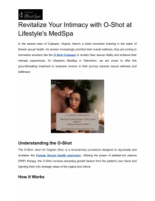 Revitalize Your Intimacy with O-Shot at Lifestyle's MedSpa