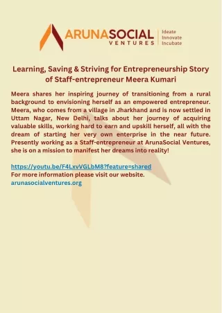 Learning, Saving & Striving for Entrepreneurship Story of Staff-entrepreneur Meera Kumari