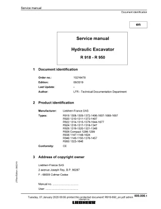 LIEBHERR R918 -1309 Hydraulic Excavator Service Repair Manual