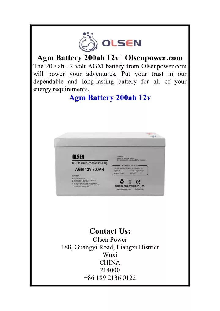 agm battery 200ah 12v olsenpower