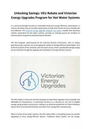 Unlocking Savings VEU Rebate and Victorian Energy Upgrades Program for Hot Water Systems