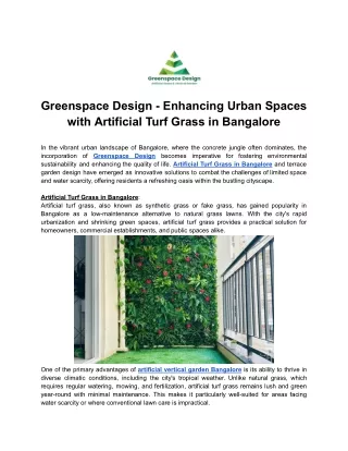 Greenspace Design - Enhancing Urban Spaces with Artificial Turf Grass in Bangalore