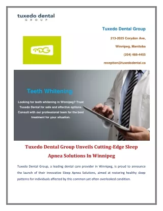 Tuxedo Dental Group Unveils Cutting-Edge Sleep Apnea Solutions In Winnipeg