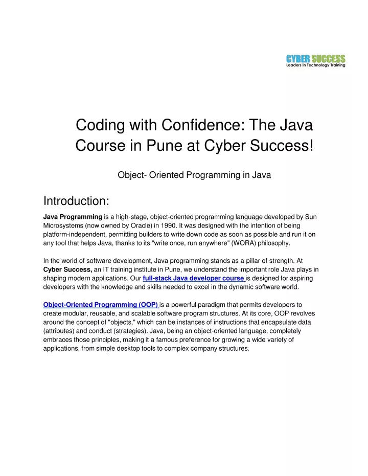 coding with confidence the java course in pune at cyber success