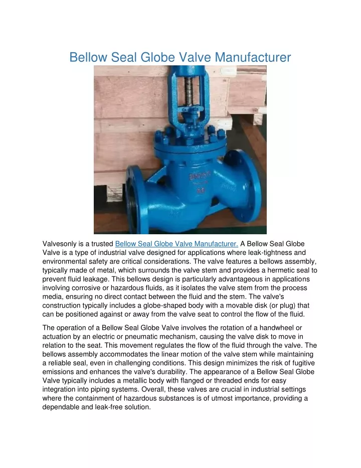 bellow seal globe valve manufacturer