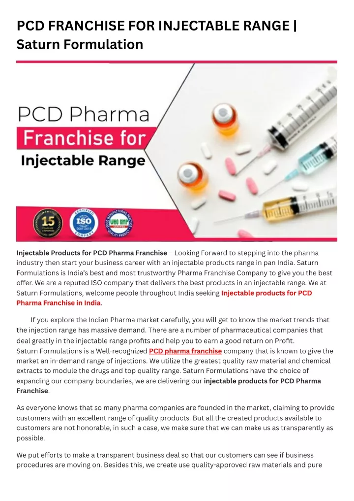 pcd franchise for injectable range saturn