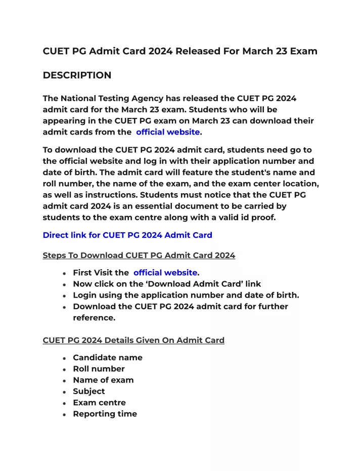 cuet pg admit card 2024 released for march 23 exam