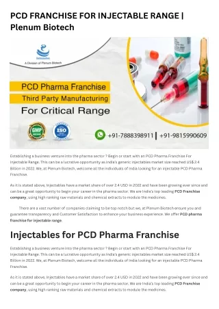 PCD FRANCHISE FOR INJECTABLE RANGE | Plenum Biotech