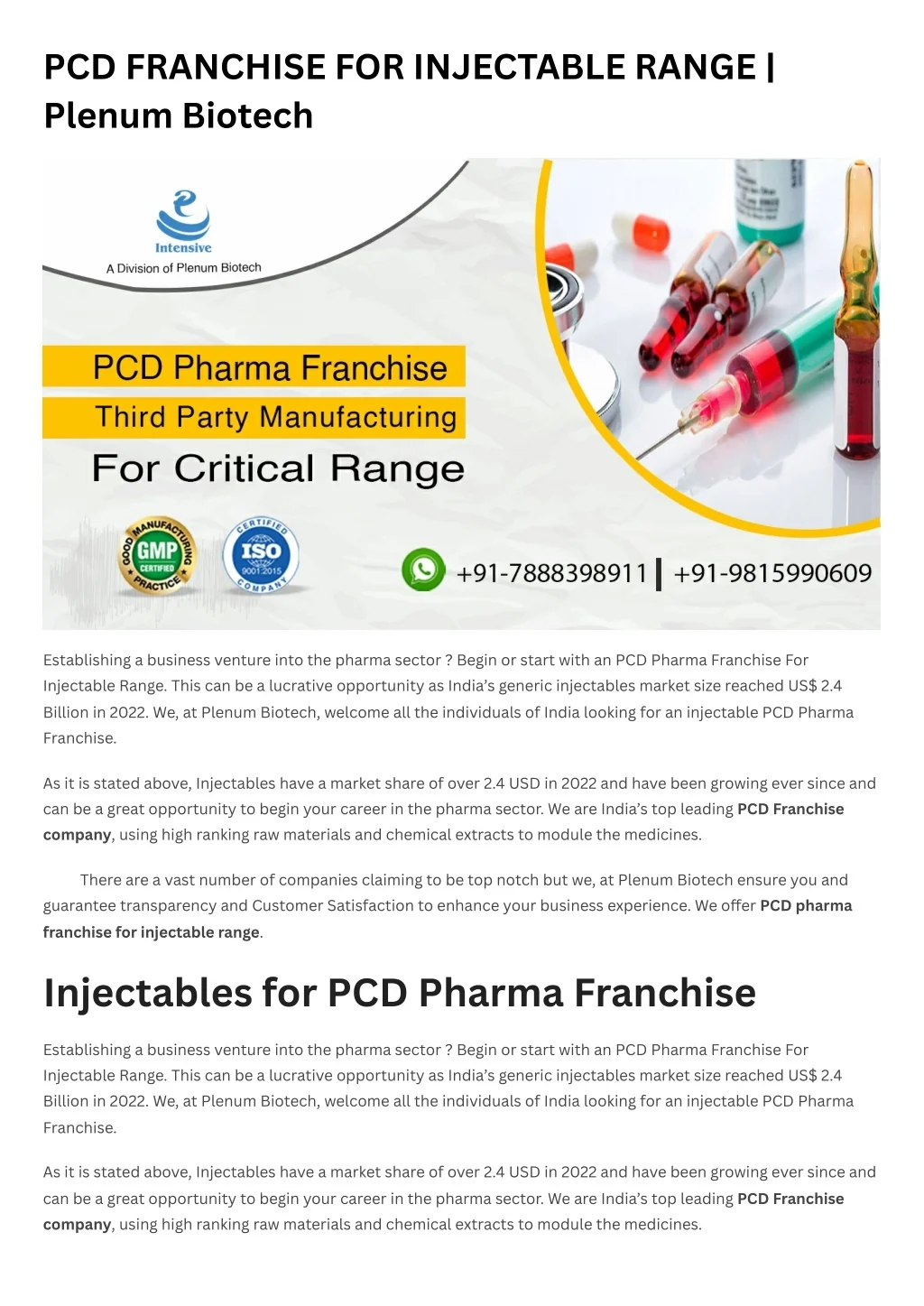 Injectable Range PPT - PCD FRANCHISE FOR INJECTABLE RANGE | Plenum Biotech PowerPoint ...