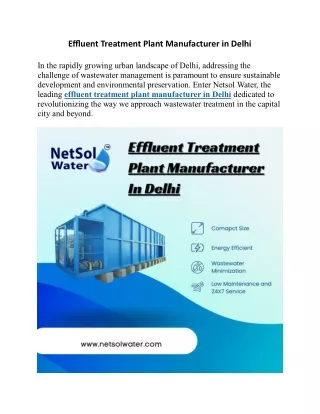 Effluent Treatment Plant Manufacturer in Delhi