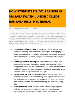 SRI SARASWATHI the best  JUNIOR COLLEGE, BANJARA HILLS, HYDERABAD