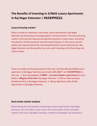 The Benefits of Investing 3&4bhkapartment in raj nagar extension