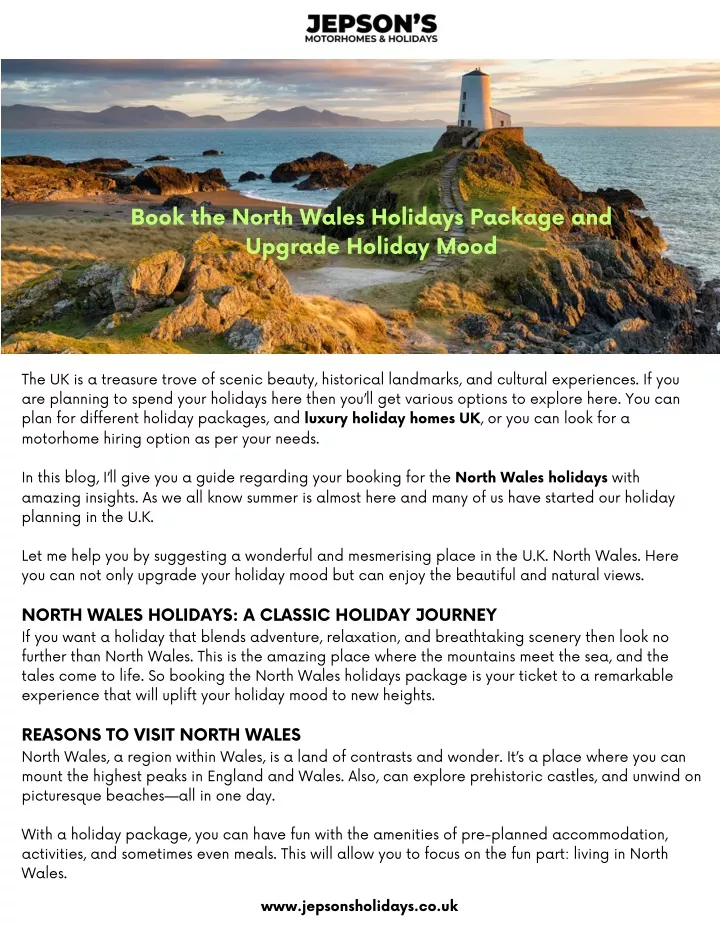 book the north wales holidays package and upgrade