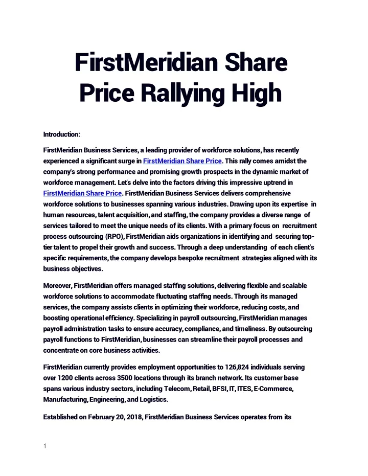 firstmeridian share price rallying high