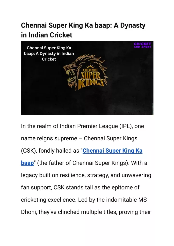 chennai super king ka baap a dynasty in indian