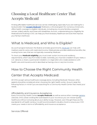 Choosing A Local Healthcare Center That Accepts Medicaid