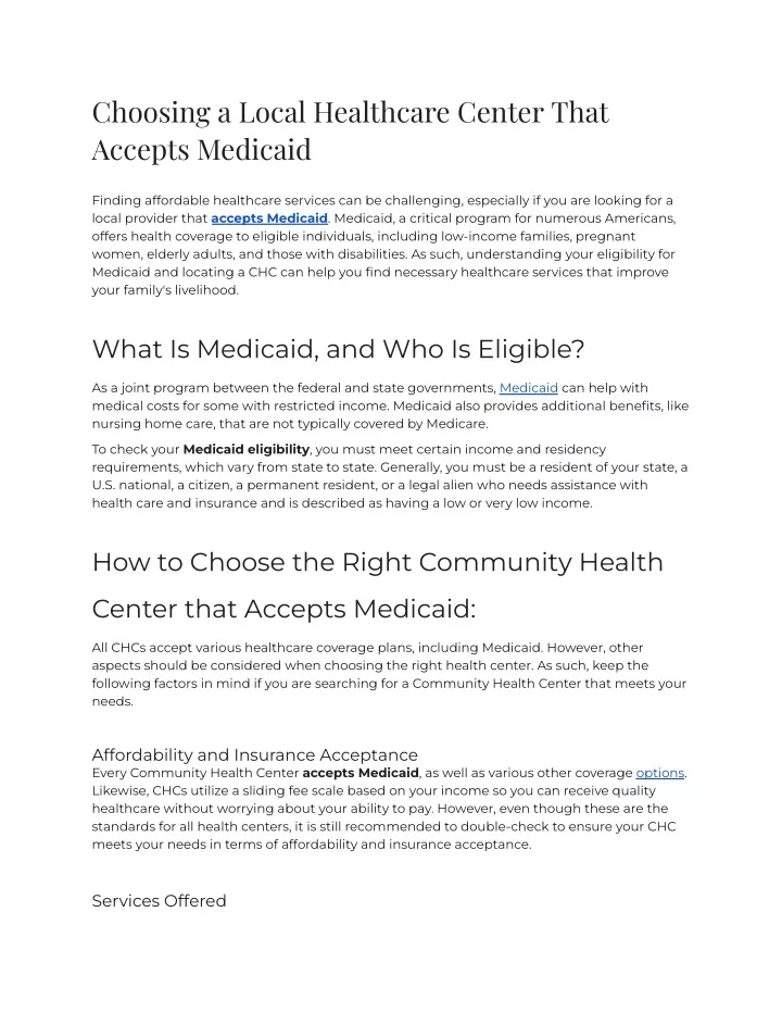 choosing a local healthcare center that accepts