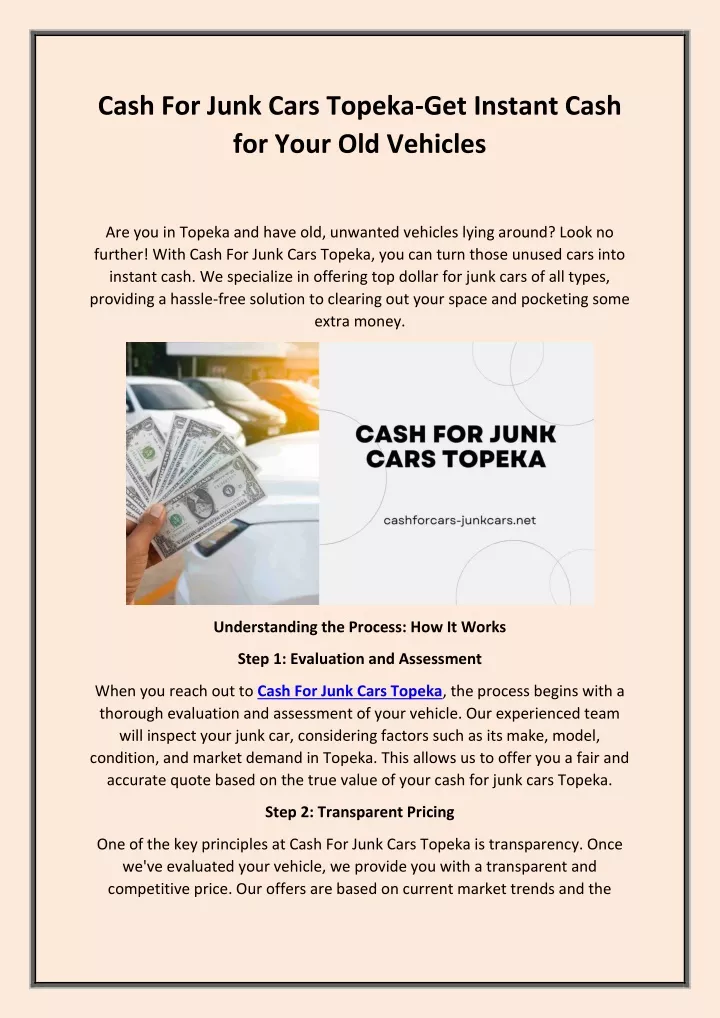 cash for junk cars topeka get instant cash