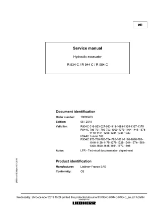 LIEBHERR R934C -027 Hydraulic Excavator Service Repair Manual