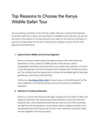 Top Reasons to Choose the Kenya Wildlife Safari Tour