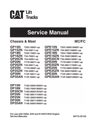 Caterpillar Cat DP18N Forklift Lift Truck Service Repair Manual SN T16D-80001 and up