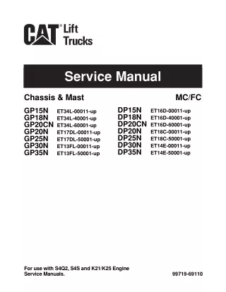 Caterpillar Cat DP25N Forklift Lift Trucks Service Repair Manual SN ET18C-50001 and up