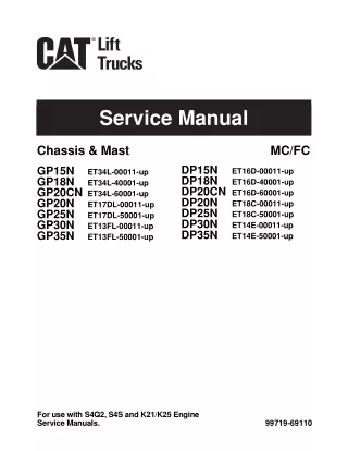 Caterpillar Cat DP30N Forklift Lift Trucks Service Repair Manual SN ET14E-00011 and up