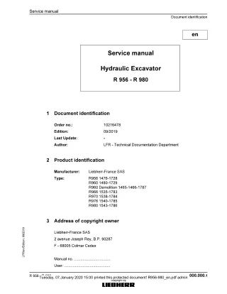LIEBHERR R956 -1476 Hydraulic Excavator Service Repair Manual