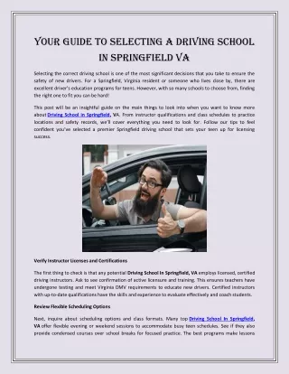 Your Guide to Selecting a Driving School in Springfield VA