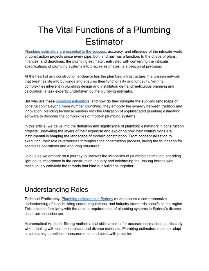 the vital functions of a plumbing estimator