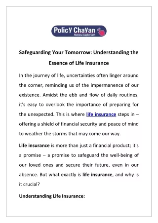 Safeguarding Your Tomorrow: Understanding the Essence of Life Insurance