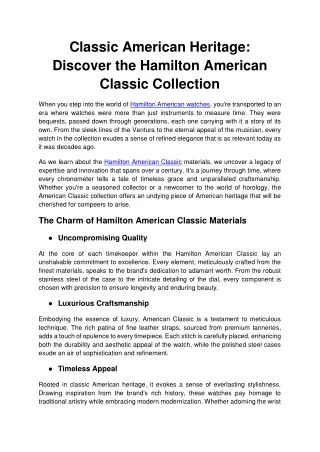 Classic American Heritage Discover the Hamilton American Classic Collection