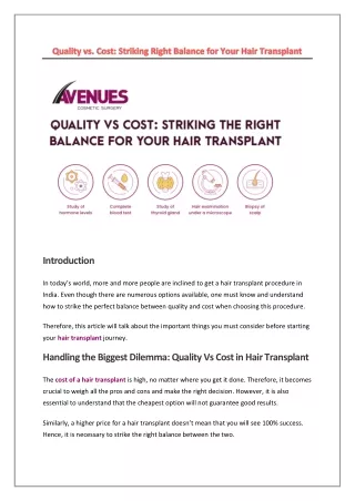 Quality vs Cost Striking Right Balance for Your Hair Transplant