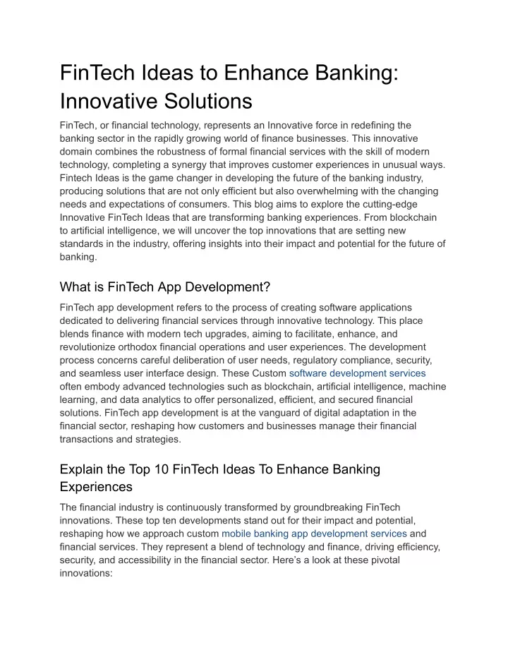 fintech ideas to enhance banking innovative