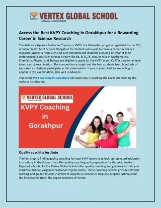 Access the Best KVPY Coaching in Gorakhpur for a Rewarding Career in Science Research