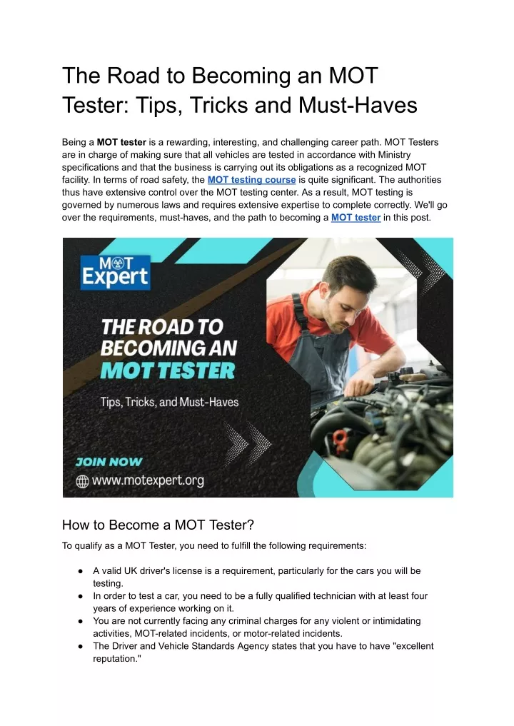 the road to becoming an mot tester tips tricks