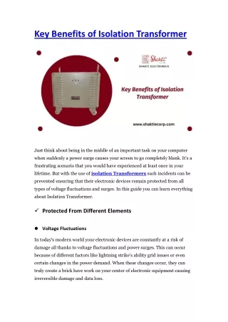 Key Benefits of Isolation Transformer