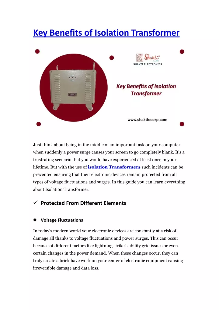 key benefits of isolation transformer