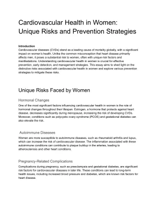 Cardiovascular Health in Women-Unique Risks and Prevention Strategies