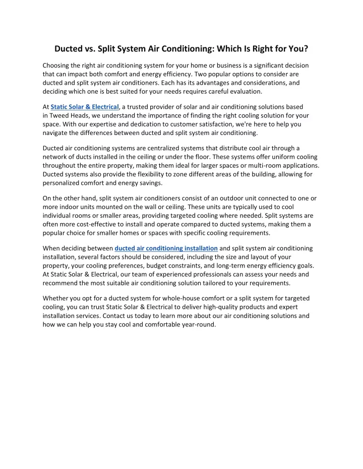 ducted vs split system air conditioning which