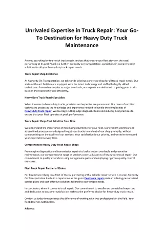 Unrivaled Expertise in Truck Repair Your Go To Destination for Heavy Duty Truck Maintenance