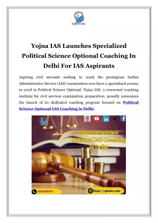 Yojna IAS Launches Specialized Political Science Optional Coaching In Delhi For