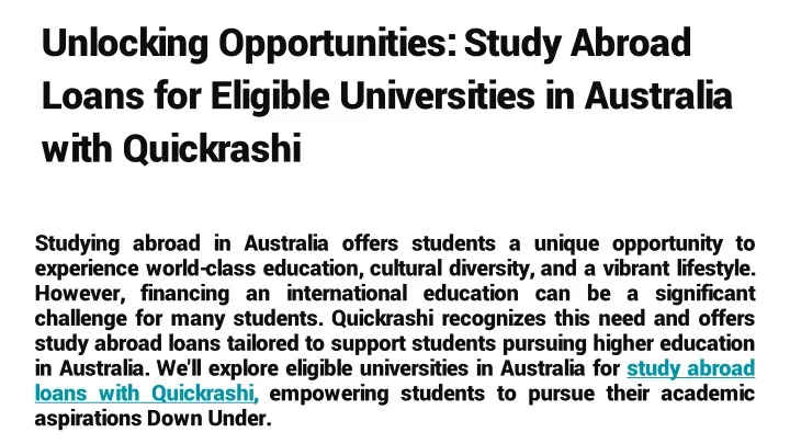 unlocking opportunities study abroad loans for eligible universities in australia with quickrashi