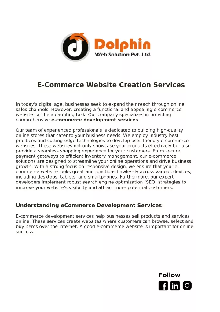 e commerce website creation services