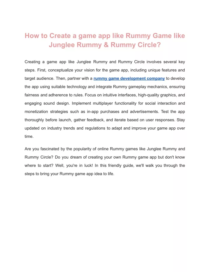 how to create a game app like rummy game like