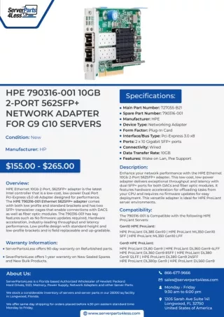 Buy HPE 790316-001 10Gb 2-Port 562SFP  Network Adapter for G9 G10 Servers